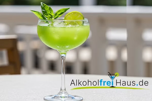 Virgin Basil Smash mit alkoholfreier Wacholderalternative, frischem Basilikum, Zitrone und Eis im Tumbler